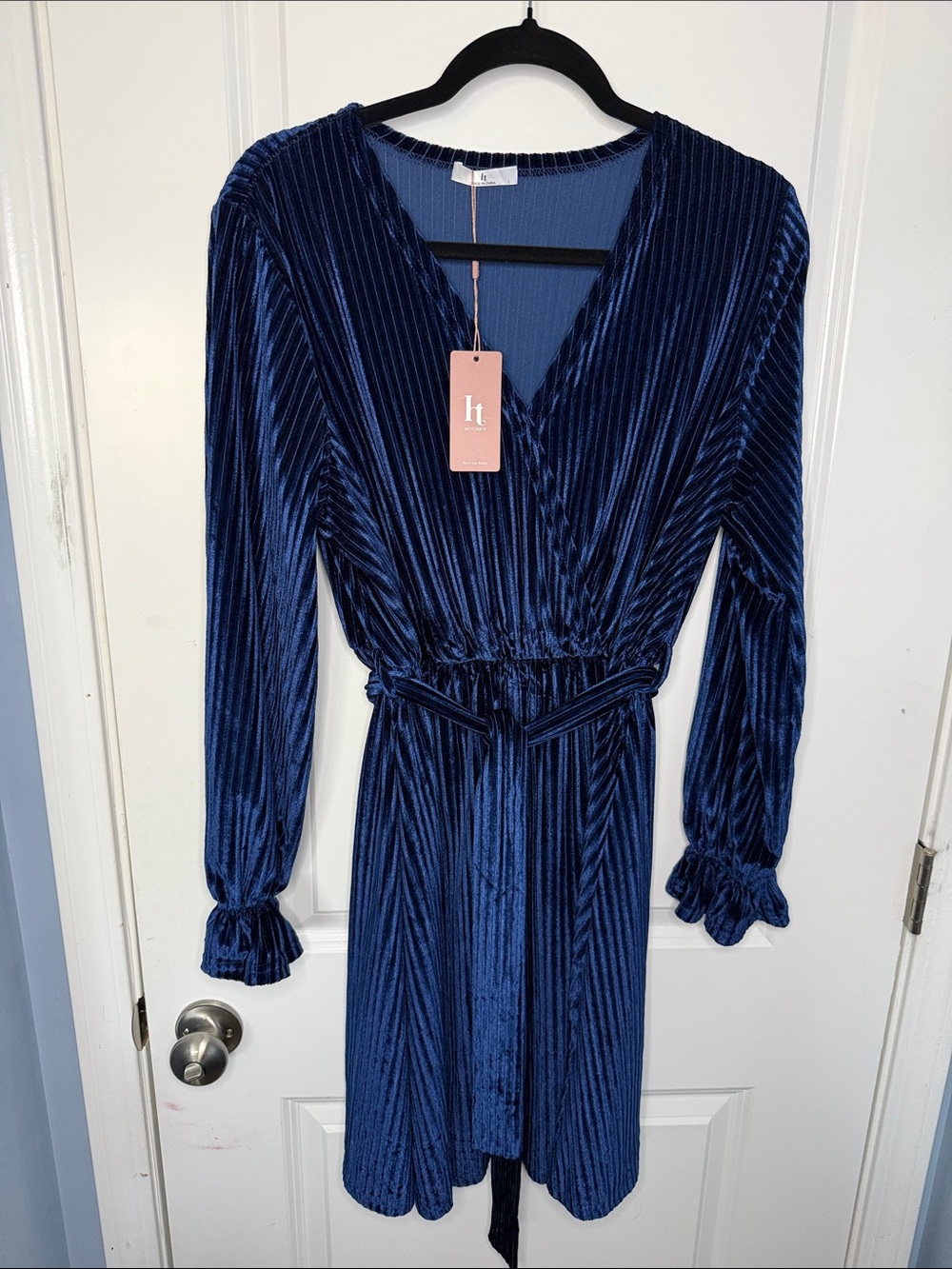 HT Navy Blue Velvet Wrap Dress with Tie Waist